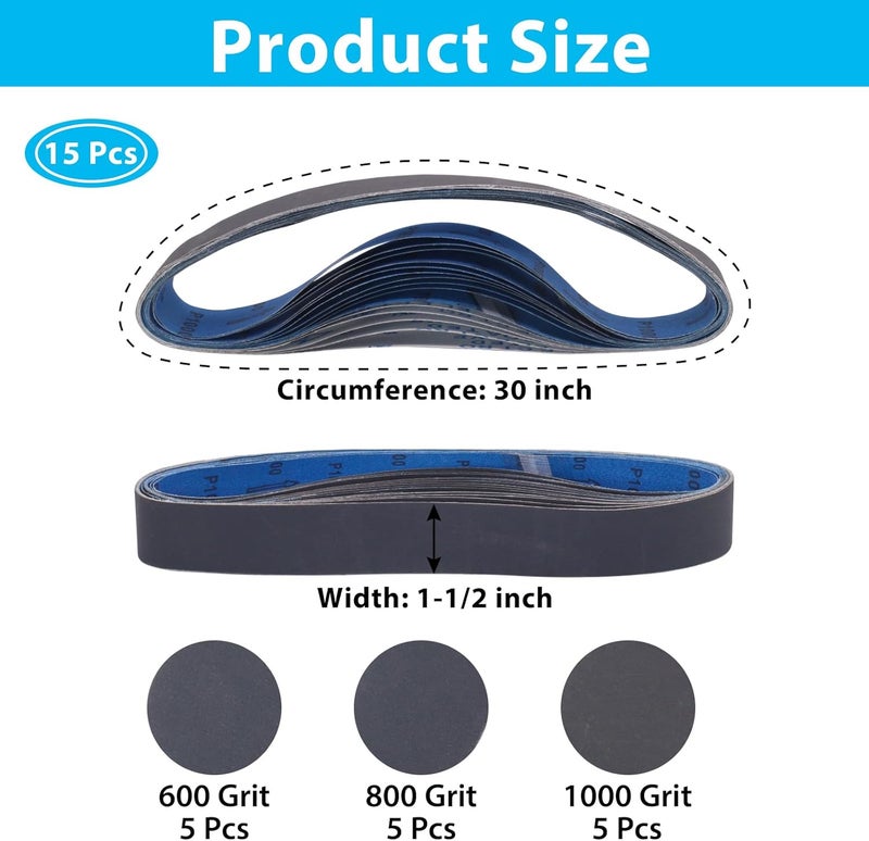 SHUTTLE GENIUS 15 Pack 1-1/2 x 30 Inch Sanding Belts, Extra Fine Grit Silicon Carbide Sanding Belt, 5 Pcs Each of 600, 800, 1000 Grits Sander Belt for Knife Sharpening Woodworking - Image 2